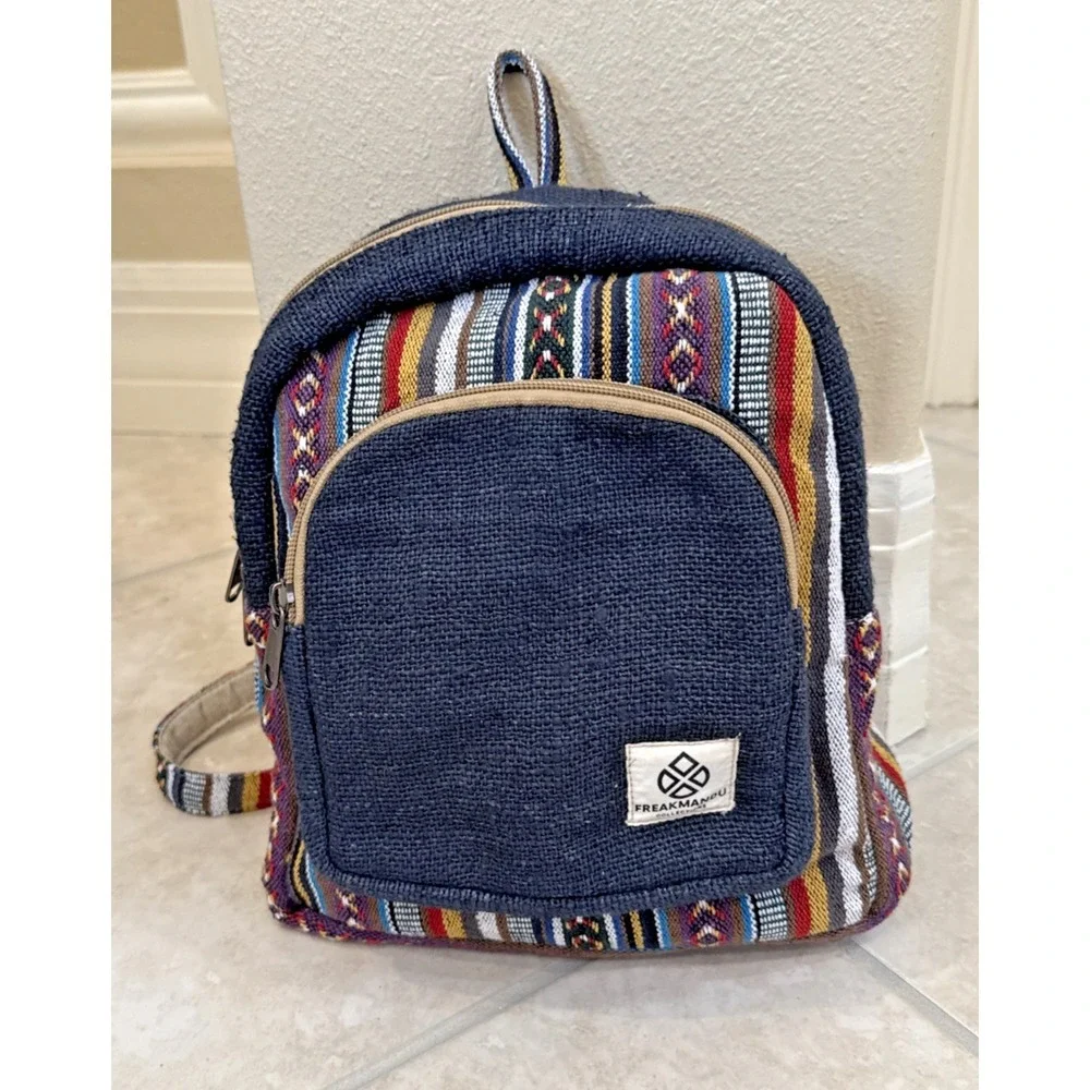 NEW Freakmandu Blue Hemp Bohemian‎ Backpack Aztec Southwestern Napal Festival